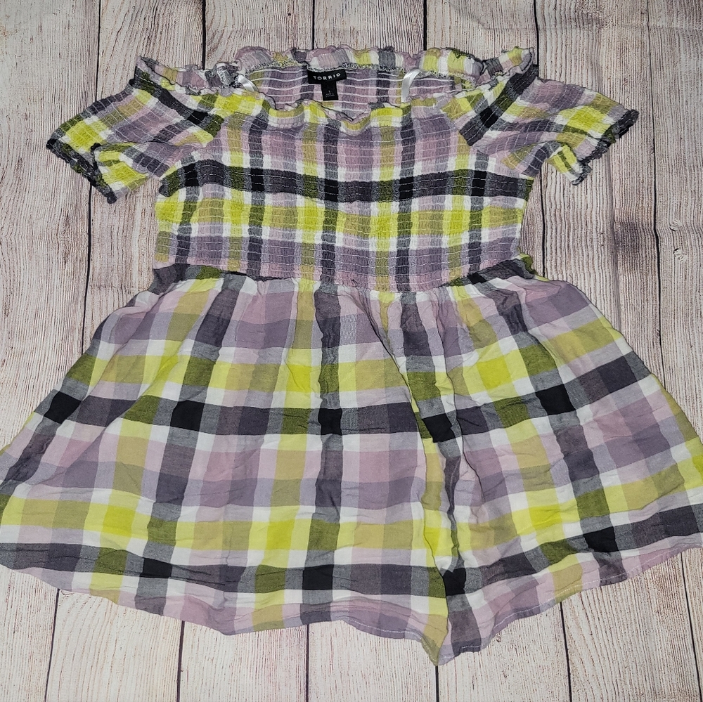 Torrid Multi Plaid Smocked Off The Shoulder Peplum Top